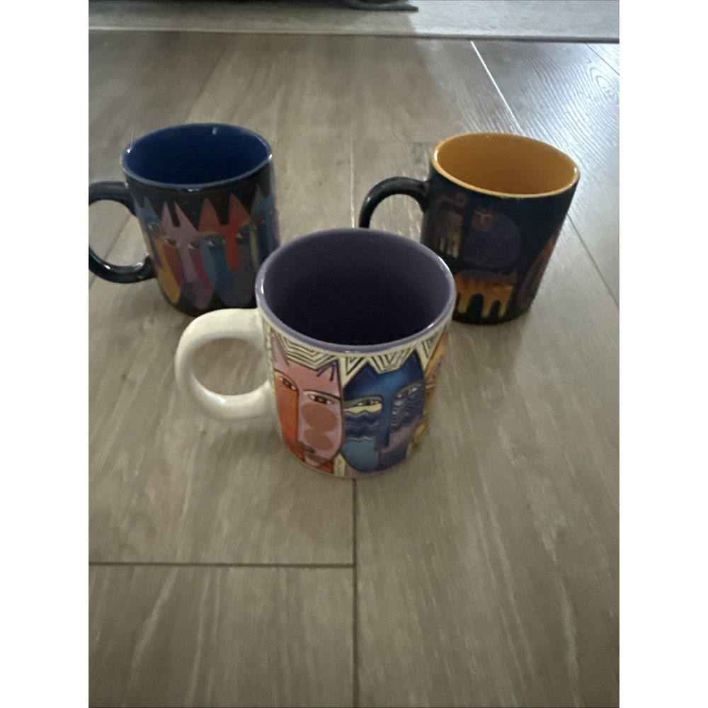 Laurel Burch Cat Coffee Mug Set of 3 Colorful Folk Art Ceramic Cups 2014